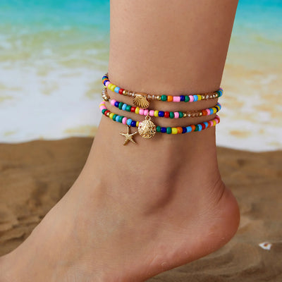 Multilayer Starfish Imitation Pearl Anklet for Women Conch Turtle Polymer Clay Beads Bracelet on the Leg Lucky Evil Eye Jewelry
